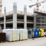 Worker on an active construction jobsite beside organized building materials and a waste-sorting station with multiple dumpsters, conveying smart waste management in action.