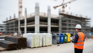 Worker on an active construction jobsite beside organized building materials and a waste-sorting station with multiple dumpsters, conveying smart waste management in action.