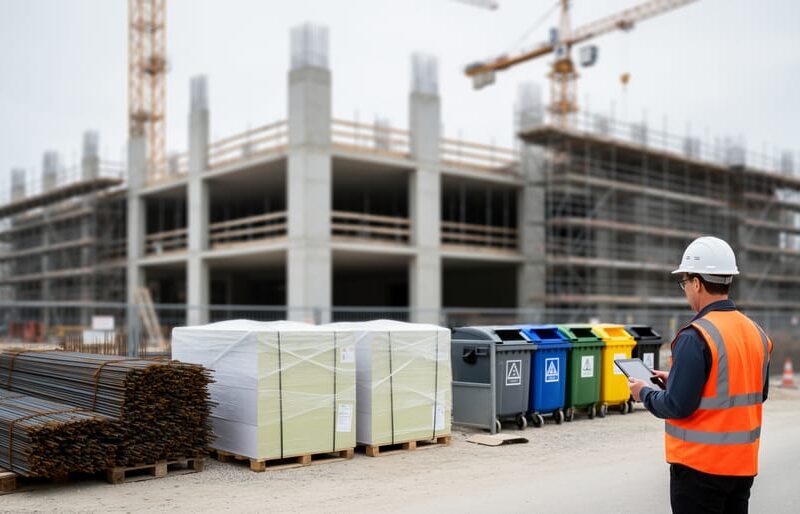Worker on an active construction jobsite beside organized building materials and a waste-sorting station with multiple dumpsters, conveying smart waste management in action.
