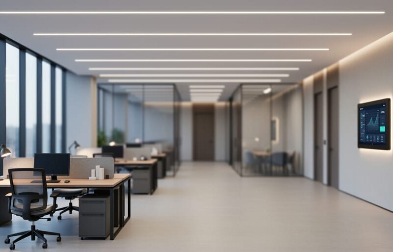 Modern office lobby with ceiling LED lighting creating soft, adaptive illumination across desks and walkways in a smart building setting.