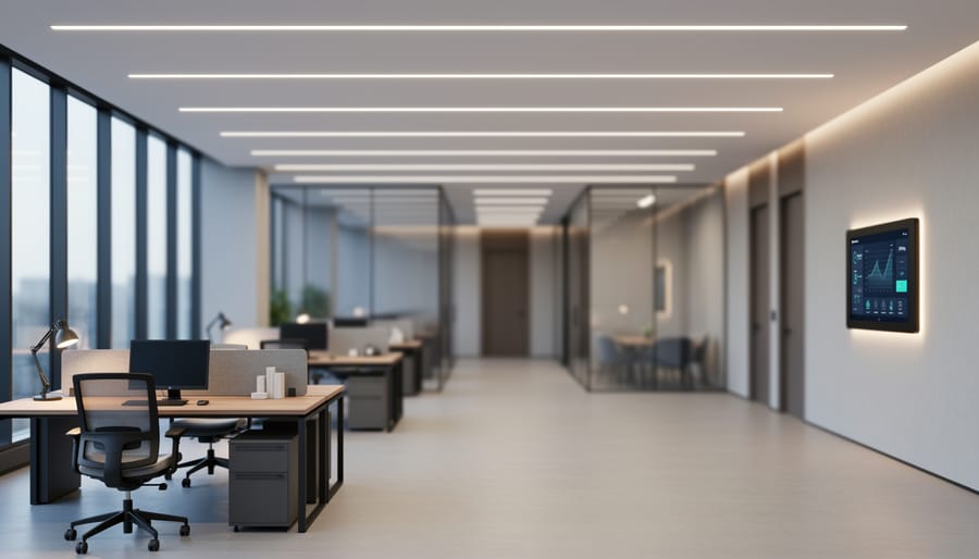 Modern office lobby with ceiling LED lighting creating soft, adaptive illumination across desks and walkways in a smart building setting.