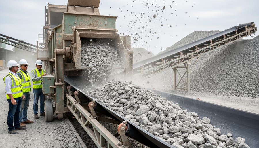 An excavator loading crushed recycled concrete into a hopper at a recycling processing facility.