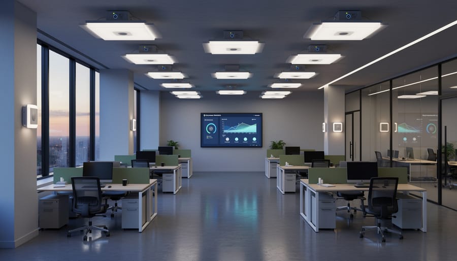 Ceiling-mounted sensor and nearby adaptive LED luminaire in a smart building hallway