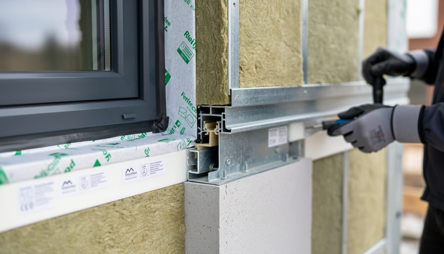 Close-up of insulated wall layers and a finished window reveal detail