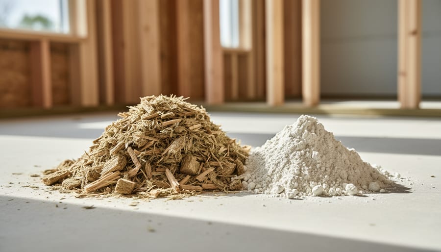 Close view of hemp hurds and lime binder mixed together in a construction container