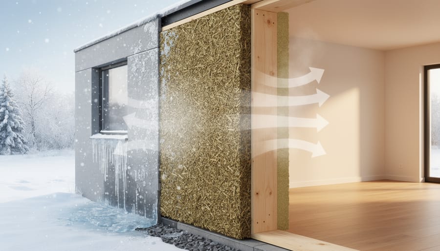 Cold outdoor scene with frosty surroundings and a dry-looking hempcrete wall surface