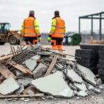 Mixed construction demolition materials, including concrete, rebar, wood, and crushed asphalt, staged for recycling on a job site with construction equipment in the background.