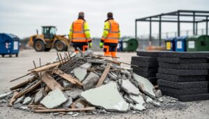 Mixed construction demolition materials, including concrete, rebar, wood, and crushed asphalt, staged for recycling on a job site with construction equipment in the background.