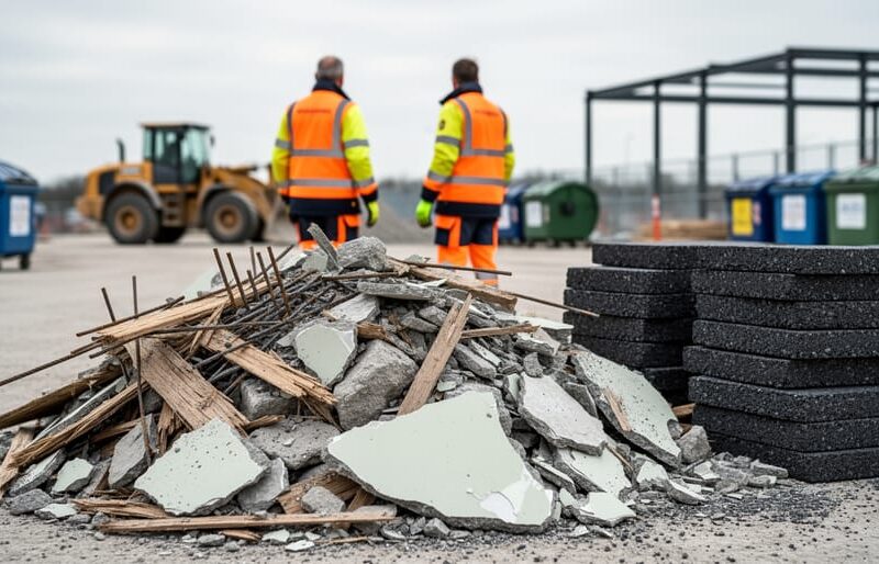 Mixed construction demolition materials, including concrete, rebar, wood, and crushed asphalt, staged for recycling on a job site with construction equipment in the background.