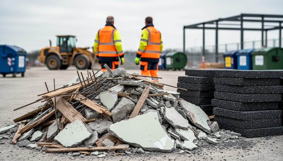 Mixed construction demolition materials, including concrete, rebar, wood, and crushed asphalt, staged for recycling on a job site with construction equipment in the background.