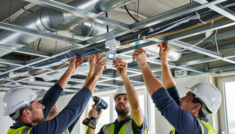 Construction professionals inspecting air-quality sensor modules and cabling in an office ceiling plenum