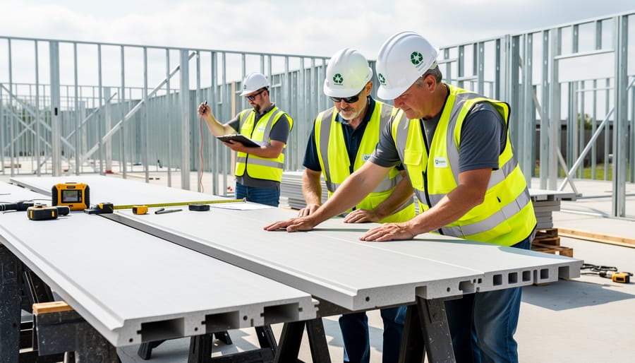 Construction workers inspecting recycled-plastic composite decking boards at a building site