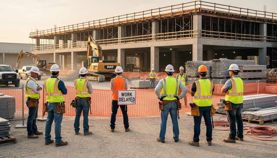 Construction workers standing idle on a scaffolded floor near tools and an empty delivery area
