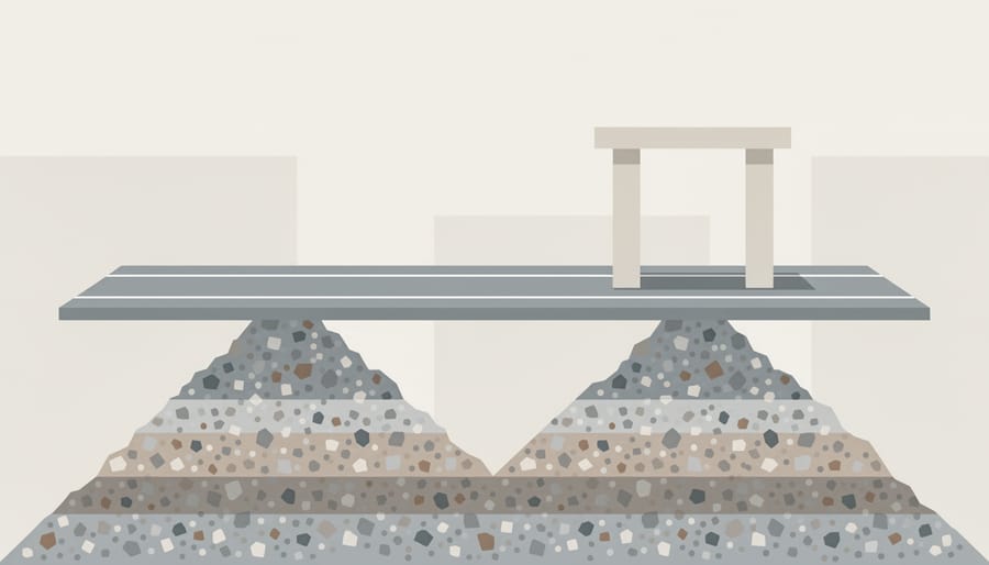 Crushed stone aggregate used in a new road base and landscaping area with construction activity in the background.