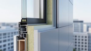 Close-up of a modern building exterior envelope showing insulated wall layers, high-performance window glazing, and ventilated cladding panels in soft daylight.