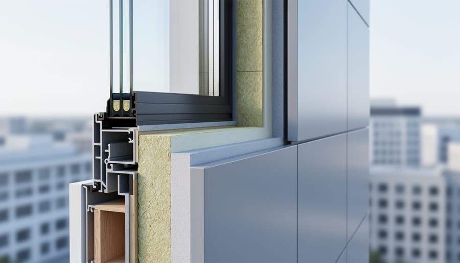 Close-up of a modern building exterior envelope showing insulated wall layers, high-performance window glazing, and ventilated cladding panels in soft daylight.