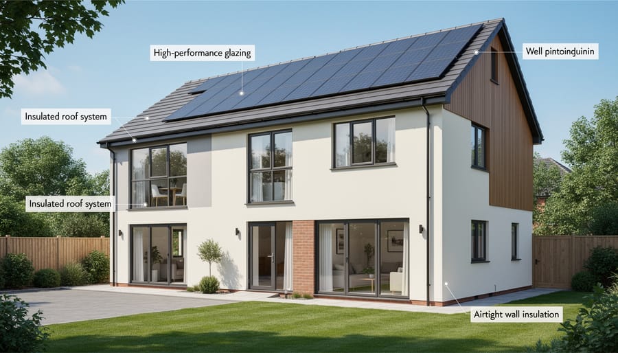 Exterior of a modern UK home showing energy-efficient glazing and roof details