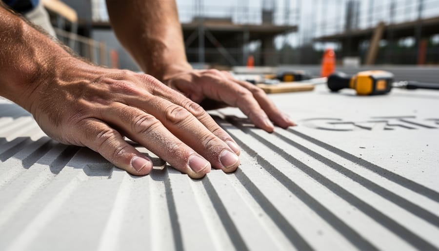 Gloved hands holding a recycled-plastic pipe fitting sample on a workbench