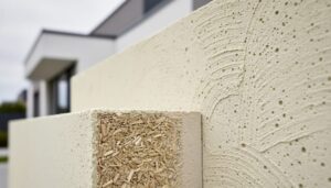 Close-up of a modern wall section with hempcrete texture in light beige tones, with visible hemp hurd shiv and binder materials in the foreground and a building exterior in soft focus behind it.