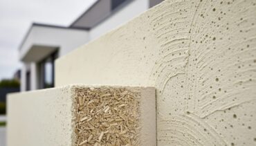 Close-up of a modern wall section with hempcrete texture in light beige tones, with visible hemp hurd shiv and binder materials in the foreground and a building exterior in soft focus behind it.