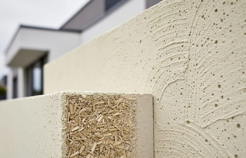 Close-up of a modern wall section with hempcrete texture in light beige tones, with visible hemp hurd shiv and binder materials in the foreground and a building exterior in soft focus behind it.