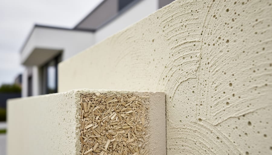 Close-up of a modern wall section with hempcrete texture in light beige tones, with visible hemp hurd shiv and binder materials in the foreground and a building exterior in soft focus behind it.