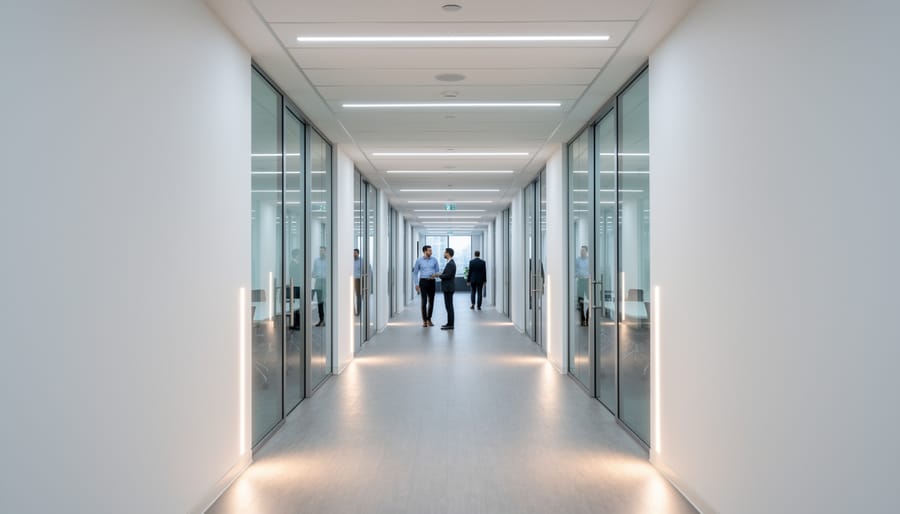 Modern office corridor with recessed LED fixtures creating focused pools of light toward a workstation
