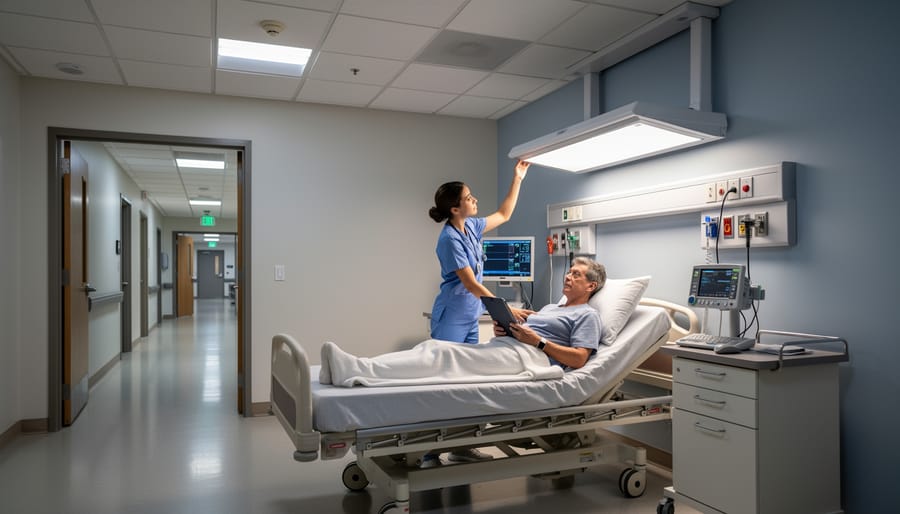 Nurse and patient in a healthcare ward illuminated by adjustable adaptive front-lighting near a window at dusk