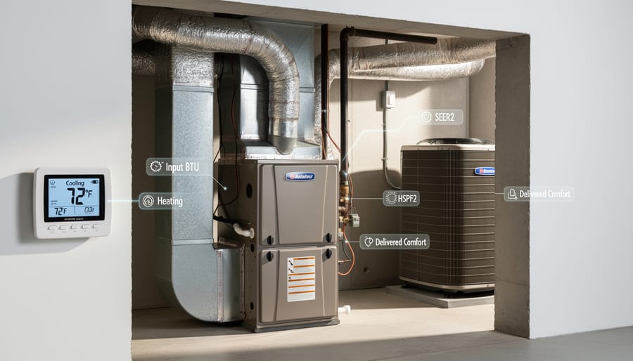 Outdoor HVAC condenser unit and indoor air handler with detailed coil and fan components