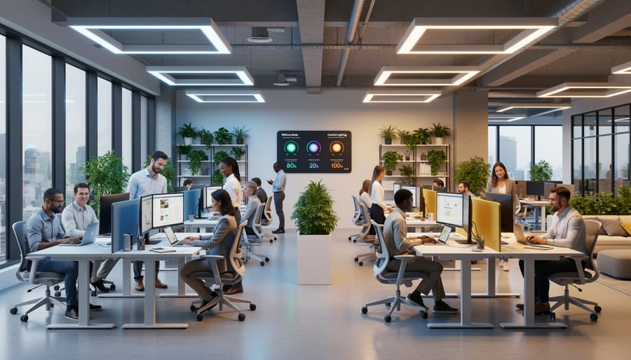 Person walking through a modern office with subtle smart lighting fixtures in the ceiling and softly lit workspaces
