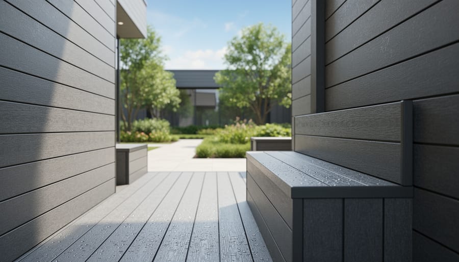Recycled-plastic decking and fencing installed on a modern home exterior in warm sunlight