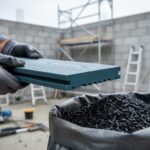 Gloved hands inspecting a recycled-plastic composite lumber board on a construction site near a concrete wall, with granulated plastic additive visible in the background.