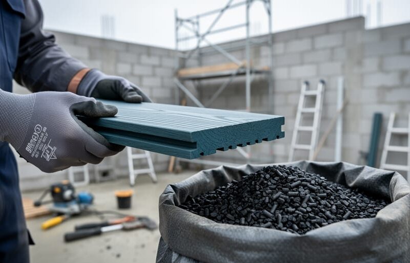 Gloved hands inspecting a recycled-plastic composite lumber board on a construction site near a concrete wall, with granulated plastic additive visible in the background.