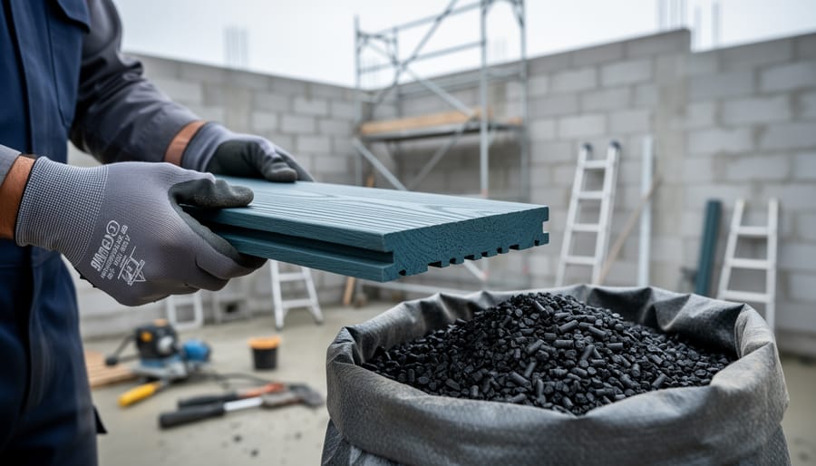 Gloved hands inspecting a recycled-plastic composite lumber board on a construction site near a concrete wall, with granulated plastic additive visible in the background.