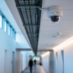 Ceiling-mounted IoT sensors and discreet air-quality monitoring hardware in a modern building hallway with circadian lighting ambience and visible MEP low-voltage infrastructure.