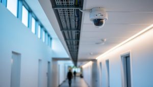 Ceiling-mounted IoT sensors and discreet air-quality monitoring hardware in a modern building hallway with circadian lighting ambience and visible MEP low-voltage infrastructure.