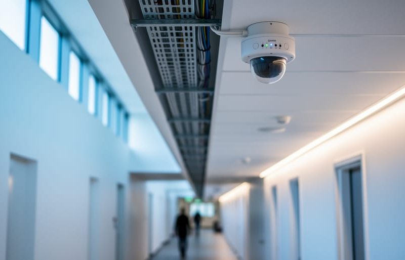 Ceiling-mounted IoT sensors and discreet air-quality monitoring hardware in a modern building hallway with circadian lighting ambience and visible MEP low-voltage infrastructure.