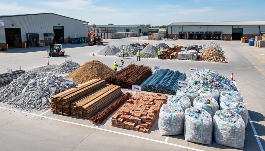 Sorted piles of crushed concrete, metal beams, and wood pallets in a construction material recycling yard.