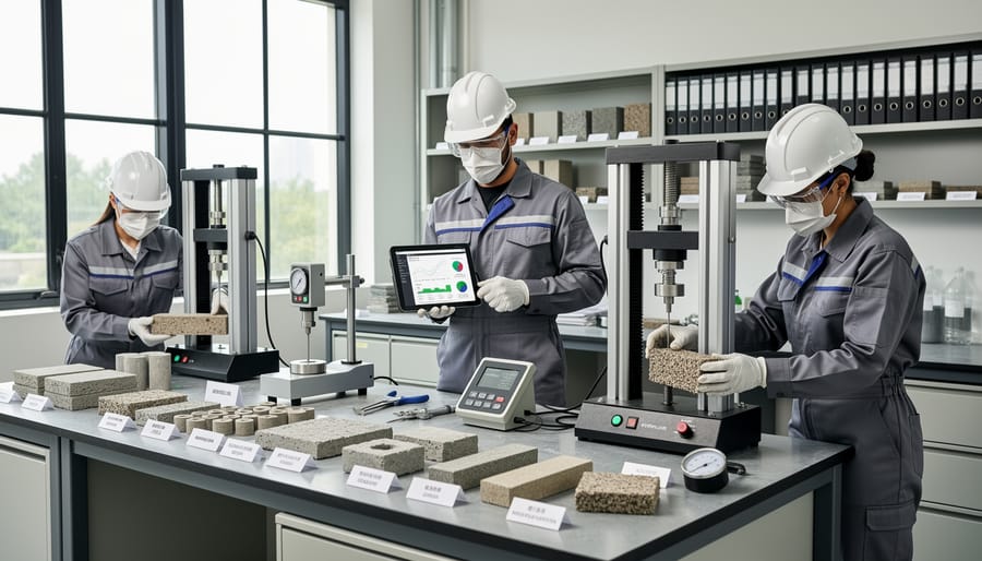 Technician inspecting a recycled-plastic insulation panel in a controlled testing room