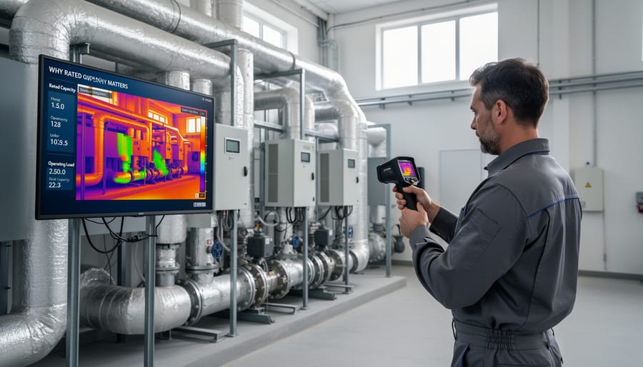 Technician inspecting thermal patterns on a tablet during HVAC evaluation