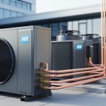 Outdoor air conditioning condenser unit connected to smart HVAC control equipment on a commercial rooftop, photographed in soft daylight.