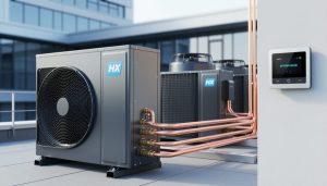 Outdoor air conditioning condenser unit connected to smart HVAC control equipment on a commercial rooftop, photographed in soft daylight.