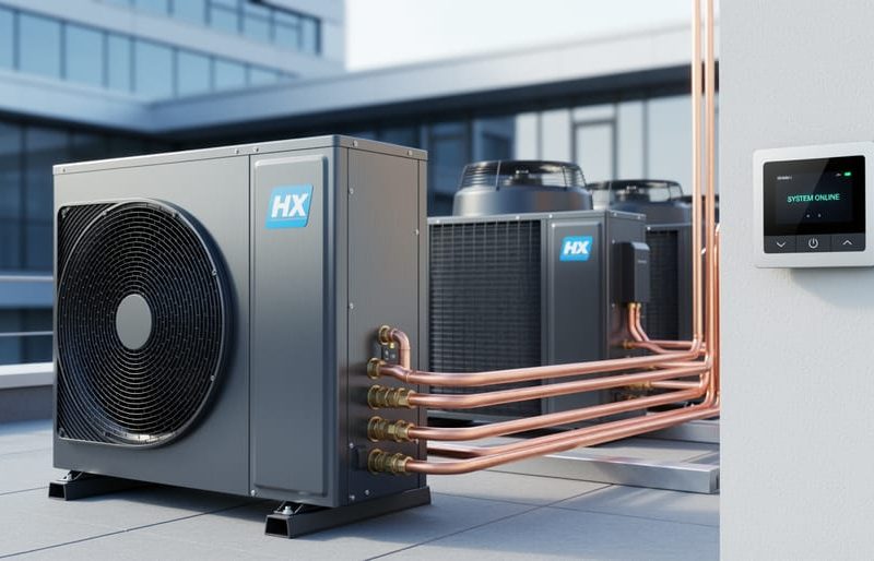 Outdoor air conditioning condenser unit connected to smart HVAC control equipment on a commercial rooftop, photographed in soft daylight.