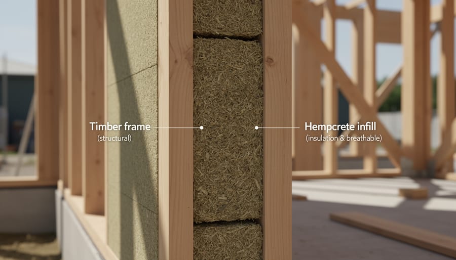 Timber-frame wall with hempcrete infill during construction