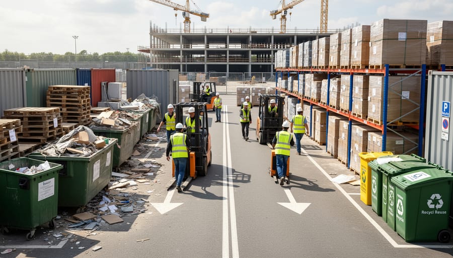 Wide view of construction site material pallets and storage area under an overcast sky