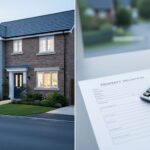 Residential house exterior in daylight with a calculator and blank valuation checklist on a table, suggesting property valuation criteria used by cash buyers.