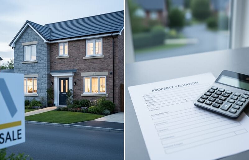 Residential house exterior in daylight with a calculator and blank valuation checklist on a table, suggesting property valuation criteria used by cash buyers.