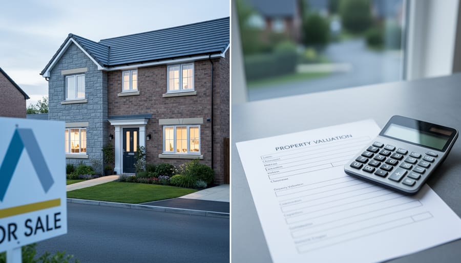 Residential house exterior in daylight with a calculator and blank valuation checklist on a table, suggesting property valuation criteria used by cash buyers.