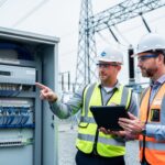 Engineers and a project manager review cybersecurity infrastructure by a control cabinet and cable connections at an electrical substation with power equipment in the background.