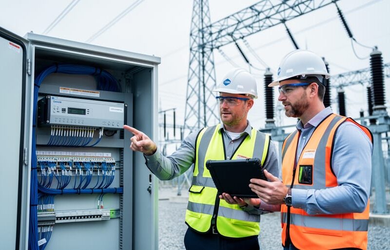 Engineers and a project manager review cybersecurity infrastructure by a control cabinet and cable connections at an electrical substation with power equipment in the background.